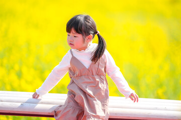 A three-year-old Japanese girl with twin pigtails sits on a simple wooden bench in the middle of...