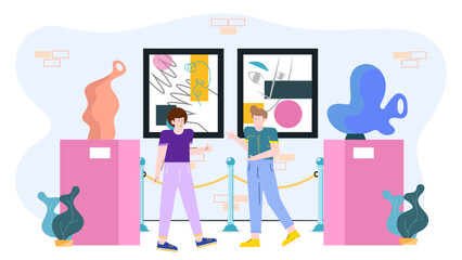 Two people admire modern art in a gallery. Suitable for art appreciation, museum, culture, leisure, lifestyle, diversity, and artistic inspiration.