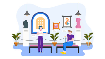 Modern art gallery showing a guide explaining artwork to a visitor. Suitable for websites, publications, and promotional materials about art tours.