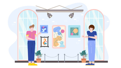 Two people enjoy contemporary artworks in a colorful art museum. Perfect for illustrating art appreciation, cultural outings, and leisure activities.