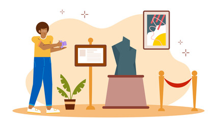 Man photographs art in a modern art gallery. Suitable for advertising, social media, blog posts, or articles about contemporary art and photography.