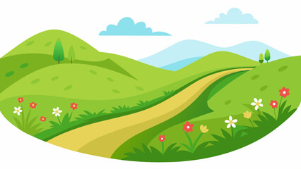 Obraz premium Vector of rolling green hills with wildflowers and a winding country path