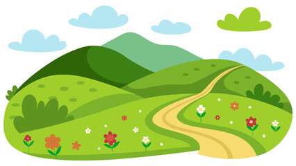 Fototapeta premium Vector of rolling green hills with wildflowers and a winding country path