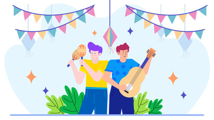 Two men playing music amidst festive decorations, perfect for holiday greeting cards, party invitations, or music related content.