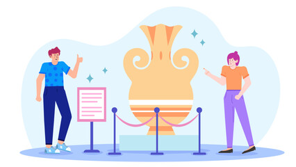 Two people admire a large ancient vase in a museum. Suitable for art galleries, history websites, and educational materials.