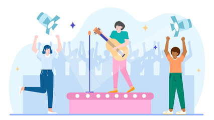 Singer performs on stage with guitar, surrounded by lively crowd, ideal for music event promotions, concert advertisements, and entertainment concepts.