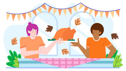 Two people share a roasted turkey celebrating Thanksgiving festively. Perfect for holiday greeting cards, social media posts, and marketing materials.