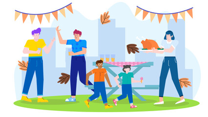 Family enjoying a thanksgiving feast outdoors; suitable for holiday greeting cards, social media posts, and autumn themed advertising materials.