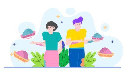 Two friends playfully hold colorful powder in flying saucer bowls. Suitable for summer party invitations or festival themed designs.