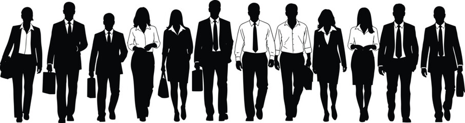 Silhouette business people walking forward together, men and women in office attire, leadership, teamwork, corporate staff, success, unity, diversity, professional group image