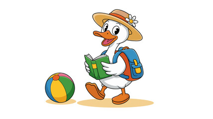 Cute Cartoon Duck Enjoying Summer Reading with Beach Ball and Backpack