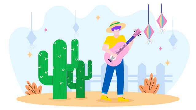 Person plays a pink guitar near cacti, set with a background of festive lights. Perfect for music or festival themed designs.