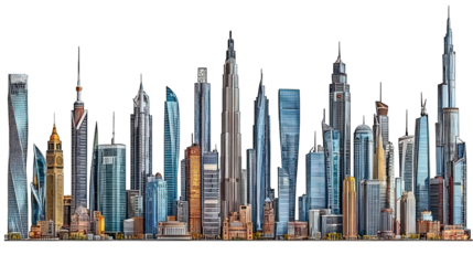 Detailed, dense city skyline with various skyscrapers