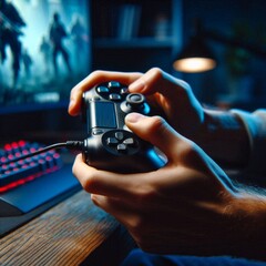 a gamer's hand gripping a joystick while playing on a computer