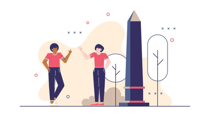 Two people by a tall obelisk in a park. Suitable for travel blogs, educational materials, historical pieces, and city park guides.