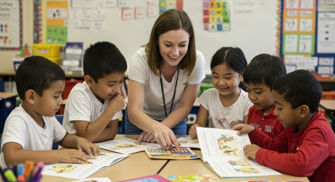 Diverse elementary school children engaged in learning activity with teacher