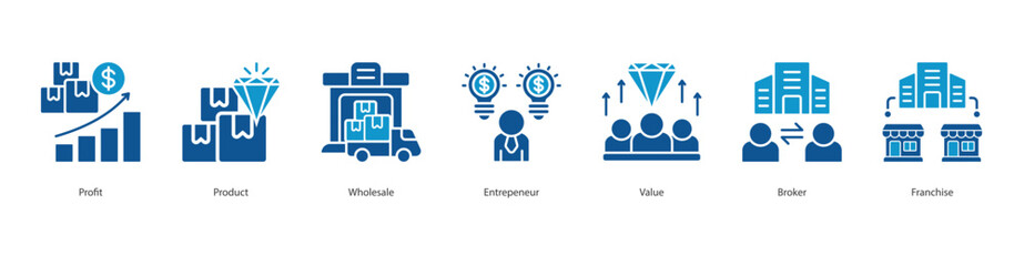 Business Value banner web icon set vector illustration concept with icon of Profit, Product, Wholesale, Entrepeneur, Value, Broker, Franchise