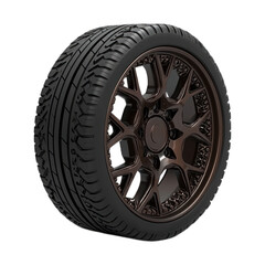 Dark wheel & tire with intricate spoke design, isolated