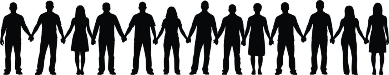 Silhouette group of people holding hands in unity, standing together in line, teamwork concept, human connection, community, diversity, solidarity, cooperation, support, strength
