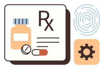 Medicine bottle, pills, and RX symbol signify healthcare, fingerprint represents security, gear indicates settings. Ideal for healthcare, technology, pharmacy, digital security personalization