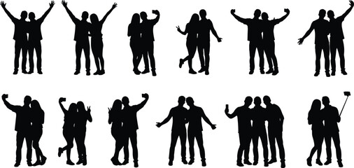 Silhouettes of friends and couples taking selfies, celebrating together, joyful moments, group photos, smartphone camera, modern lifestyle, friendship, fun poses, social connection, youth culture