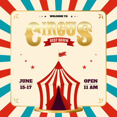 Golden circus card with tent and ribbon on radiant striped background. Design for festive poster or invitation. Vector illustration