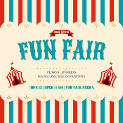 Fun fair flyer with vintage circus tents and playful typography. Template for kid friendly event promos. Vector illustration