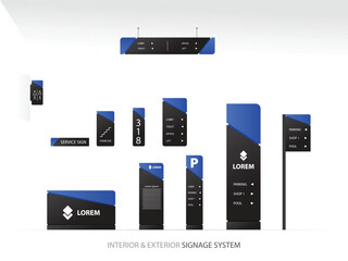 Wayfinding system signage mockup set Direction signs Exterior and interior way finding design.