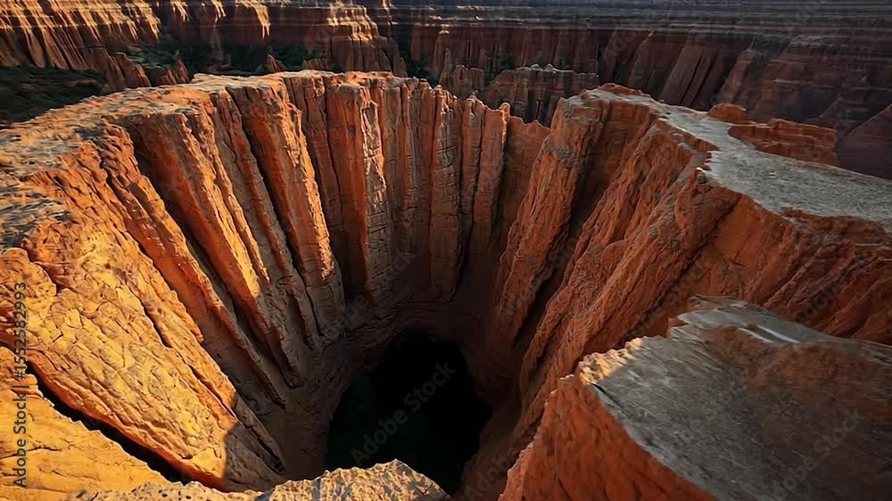 Poster aerial view of textured canyon walls descending into deep dark hole illuminated by warm sunlight