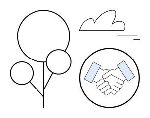 Two hands shaking in agreement inside a circle, abstract tree with circular leaves, and a cloud above. Ideal for partnership, teamwork, sustainability, cooperation, trust, growth simple landing page