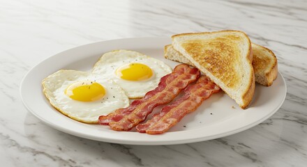 Sunny-side up eggs, crispy bacon, and perfectly toasted bread make a classic breakfast plate.