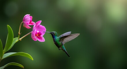 Hummingbird and orchid in flight