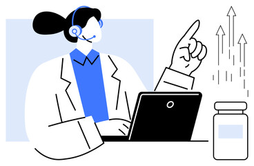 Person wearing a headset uses a laptop, gesturing toward growth arrows next to a medicine jar. Ideal for healthcare, telemedicine, progress, online consultation, innovation, guidance, simple flat
