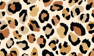 Leopard print pattern, seamless repeating pattern, vector illustration, flat color blocks, simple design, muted colors, cream background, black and beige palette
