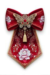 Ornate red bow with floral embroidery and gold accents