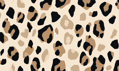 Leopard print pattern, seamless repeating pattern, vector illustration, flat color blocks, simple design, muted colors, cream background, black and beige palette