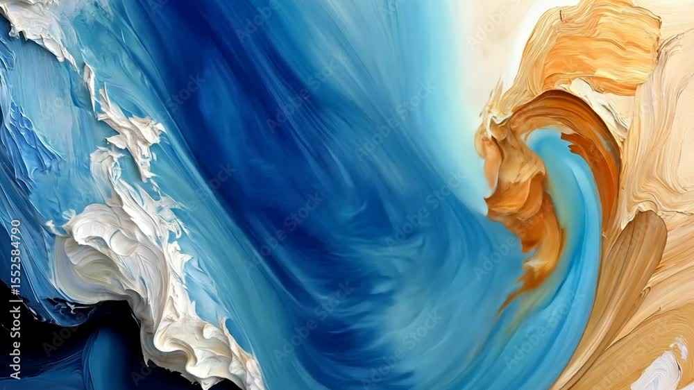 Poster abstract painting of swirling ocean waves in blue white and gold creating a textured composition