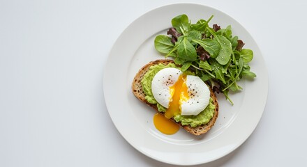 Indulge in a vibrant avocado toast topped with a perfectly poached egg, served alongside a fresh side salad.