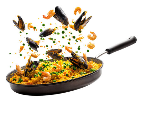 Traditional Spanish seafood paella with shrimp mussels and saffron rice flying from black pan isolated on transparent background - Powered by Adobe