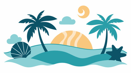 Flat Silhouette Beach Scene with Palm Trees