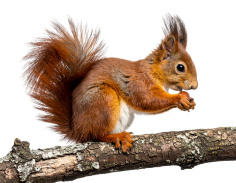 Side View of Squirrel on Tree Branch Holding Acorn, Transparent Background PNG
