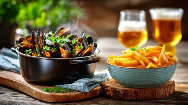 Top-down view of moules-frites with steaming mussels in cast iron pot, golden crispy fries in ceramic bowl, and foamy Belgian beer on rustic wooden table with natural daylight