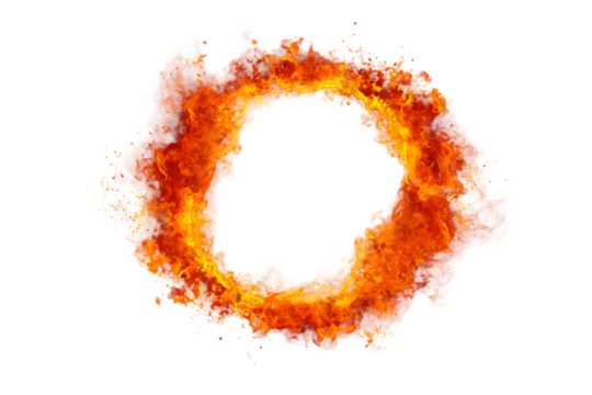 A captivating fiery circle with smoke and vibrant orange hues creates a dynamic, high-energy element against a stark black backdrop.
