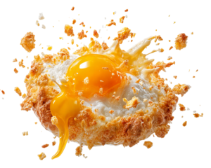 Crispy croissant with raw egg yolk and creamy milk splash explosion isolated on transparent background