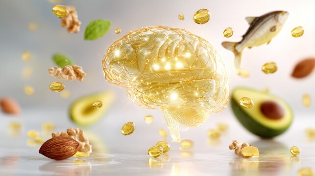 Close-up of a glowing human brain surrounded by golden omega-3 oil droplets, with fish, avocado, and nuts floating around, symbolizing healthy fats nourishing cognition background.