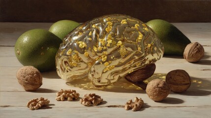 Hyper-realistic oil painting of a brain with golden fat molecules entering it, surrounded by fresh avocados and walnuts on a wooden table.