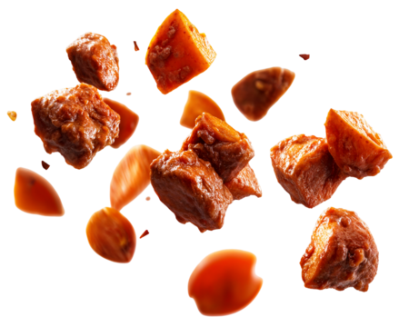 Spicy Indonesian beef rendang chunks with flying chili slices and sauce splash isolated on transparent background