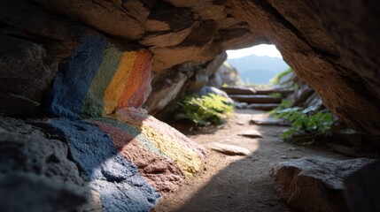 Obraz premium Inside a Rocky Cave with Colorful Walls and Bright Ray of Sunlight