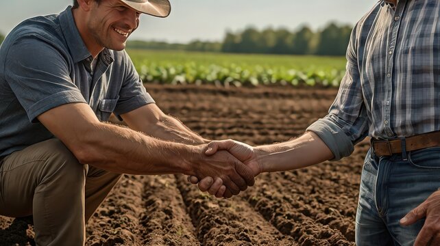 Two farmers shaking hands in a field with crops growing on a sunny day in the countryside landscape