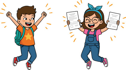 Happy cartoon students celebrating success, boy jumping excited, girl holding test paper, school achievement illustration, smiling children with documents, learning victory, cute vector education 